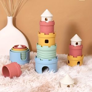 Silicone Stacking Cups Castle Toy, Multicolored, BPA Free, Montessori Educational Chew Toy for Kids