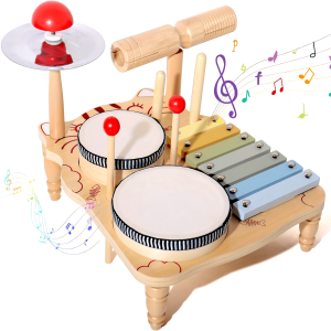 YIDIEMO 10-in-1 Youngsters Drum Set with Hand Tambourines - Educational Wooden Musical Toys for Early Learning & Intellectual Development, Perfect for Youngsters Under 3 - Ideal Birthday, Halloween, Christmas Gift