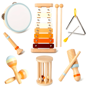 7pcs Youngsters Musical Instrument Set - Neutral Colors, Wooden Percussion Toys with Boho Xylophone & Tambourine for Youngsters - Perfect Preschool Educational Gift