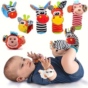 Newborn Baby Cartoon Animal Wrist Rattle Socks - Mixed Color, Cotton Plush Stuffed Toys, Comfortable Children'S Indoor Socks, Diverse Styles, Gifts for Boys and Girls