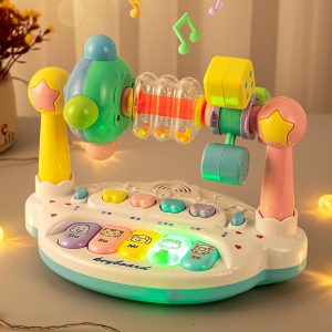 Multi-Functional Kids' Electronic Music Piano with Shaking Bells & Lighting - -Inspired Educational Toy for Boys & Girls, Soft Lighting, Fun Spinning, Alphabet & Piano Keys, White